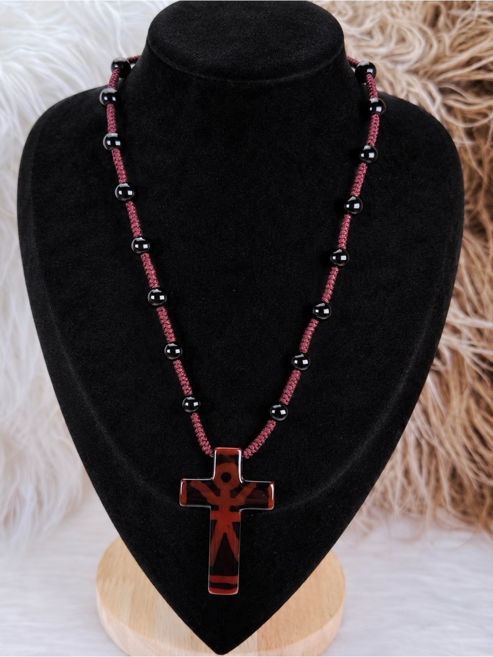 Pretty adjustable, black and deep, red animal, print cross costume necklace